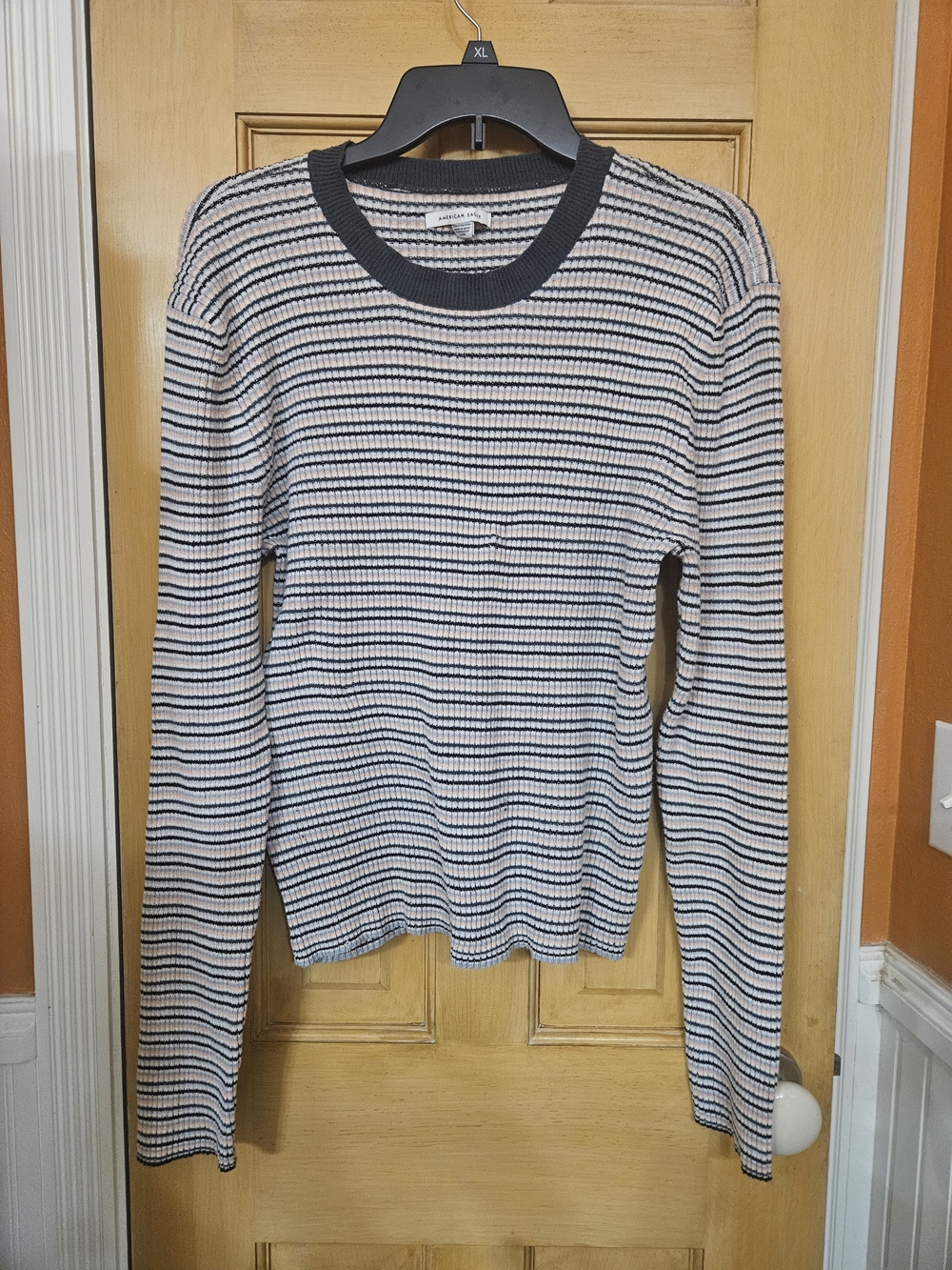 American Eagle Striped Long-Sleeve Knit Top - Dark Grey Multi Striped